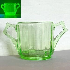 Cambridge Uranium Glass Sugar Bowl 2-Handle, Decagon Line, 1920s Glows